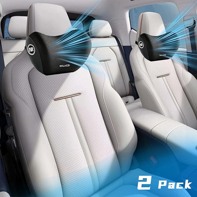 Car Neck Pillow & Headrest Support for Driving - Memory Foam Neck Support Pillow with Adjustable Strap & Removable Cover, Office Chair, Travel Essentials - 2 Pack (Black)