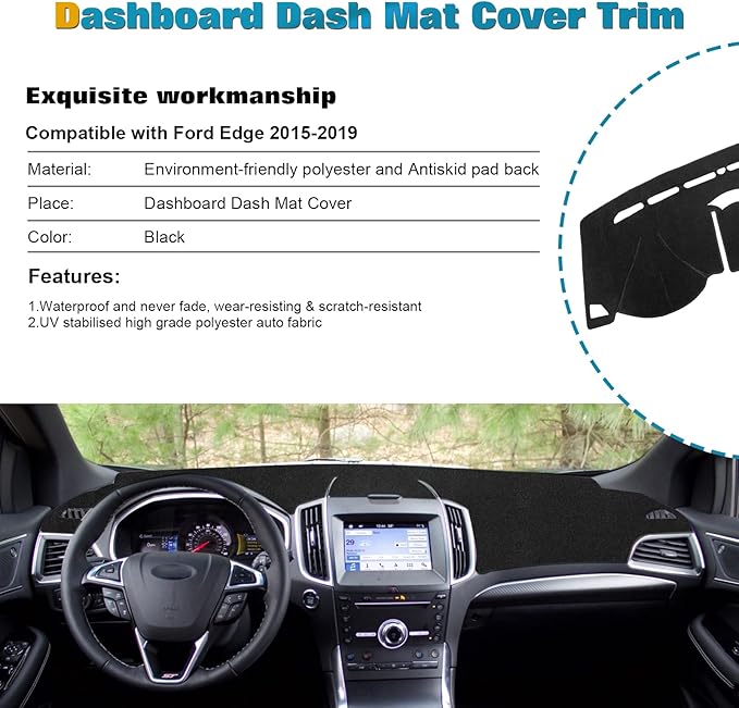 x xotic tech Center Console Dashboard Mat Pre-Cut Non-Slip Sunshield Sun Glare Protector Dash Carpet Pad Black Cover Compatible with Ford Edge 2015 2016 2017 2018 2019 2020 2021 2022 2023 2024 2025