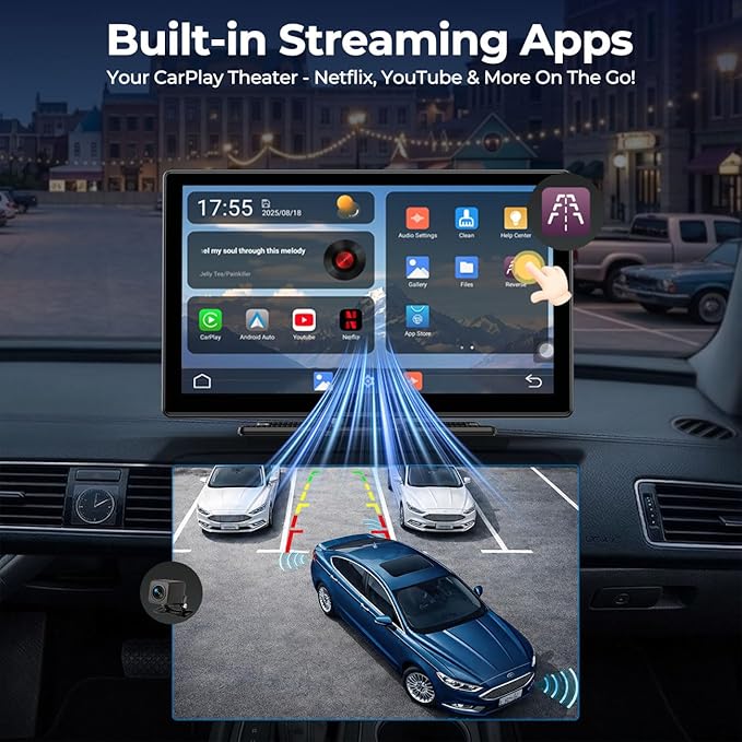 LAMTTO 9" Wireless CarPlay Screen with Net-Flix YouTube Apps Portable Car Play Screen for Apple Carplay and Android Auto with Backup Camera Navigation Bluetooth Voice Control AUX Siri