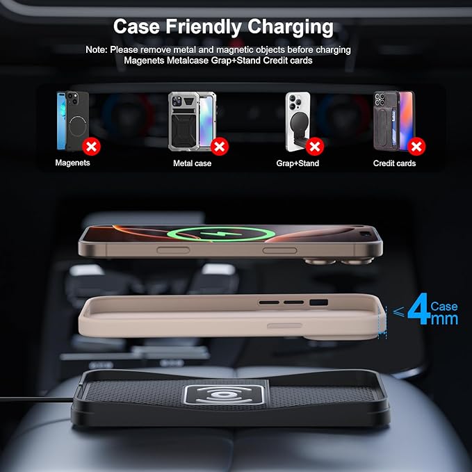 Wireless car Charger Charging pad 15W Fast Wireless Phone Charger Non Slip FastCharger for car Cell Phone Cordless Charging mat Compatible with iPhone 16/15/14/13/12 Pro Max,Samsung S23 S22 S20(S13)