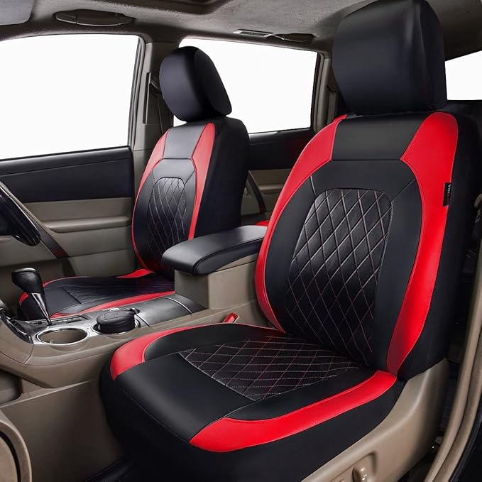 Deluxe Pu Luxury Leather Two Front Car Seat Covers, Waterproof Faux Leather Automotive Seat Covers Airbag Compatible Universal Fit for Most Sedans SUVs Vans (Black and Red)