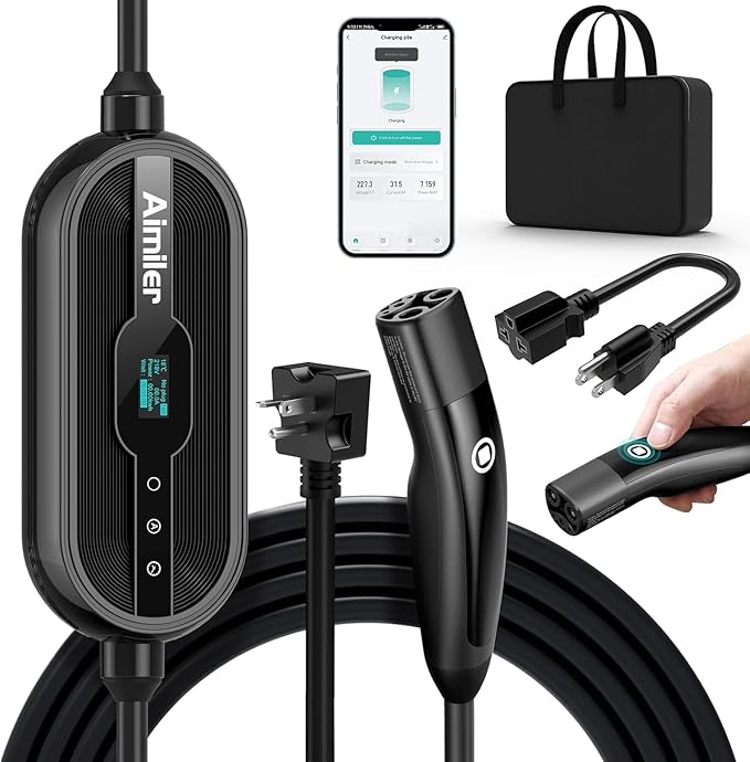 AIMILER Level 1/2 Tesla Charger, 16A, 25ft Cable ETL Certified, 240V NEMA 6-20P Plug & 110V 5-15P Adapter Cable, Portable Electric Car EV Charger for Tesla Models Y/X/3/S or Other Nacs EVs (Black)
