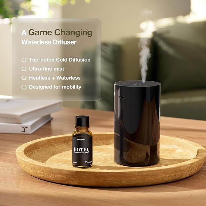 Waterless Essential Oil Diffuser, Battery Operated Aromatherapy Diffuser with 20mL Capacity, Mini Portable Scent Air Machine, 3 Countdown Timers & Mist Levels for Home Room Car Office, ANZ White