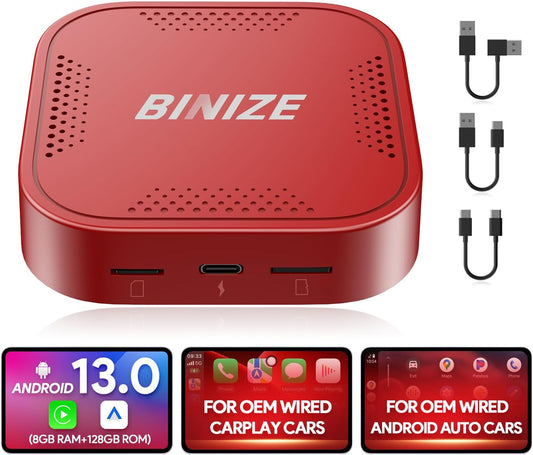 Binize Carplay Ai Box Android 13 AndroidAuto AI Box Wireless Carplay AndroidAuto Built-in Navigation, Support Video APPS etc. Support Car with OEM Wired CarPlay/Android Auto (Red 8G+128G)