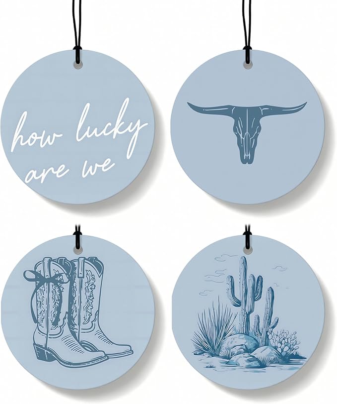Boho Blue Western Round Car Air Freshener 4 Pcs, Preppy Cow Skull Cactus Cowgirls Boots Hanging Air Freshener for Cars Closet Drawer Books, Western Car Accessories Mirror Decor for Women