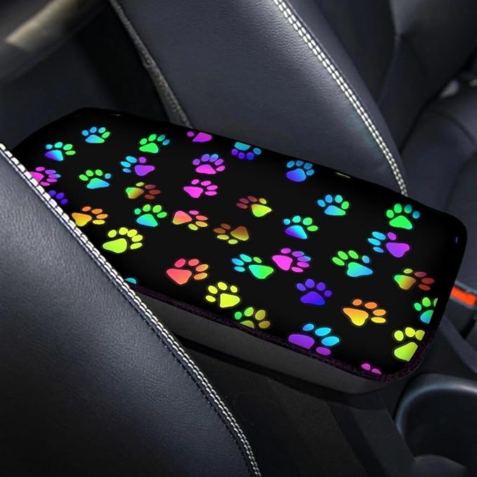 Dreaweet Colorful Dog Paw Print Center Console Cover Cute Armrest Cover for Car Soft Comfortable Arm Rest Cover Pad for Truck SUV Car Center Console Cover Replacement