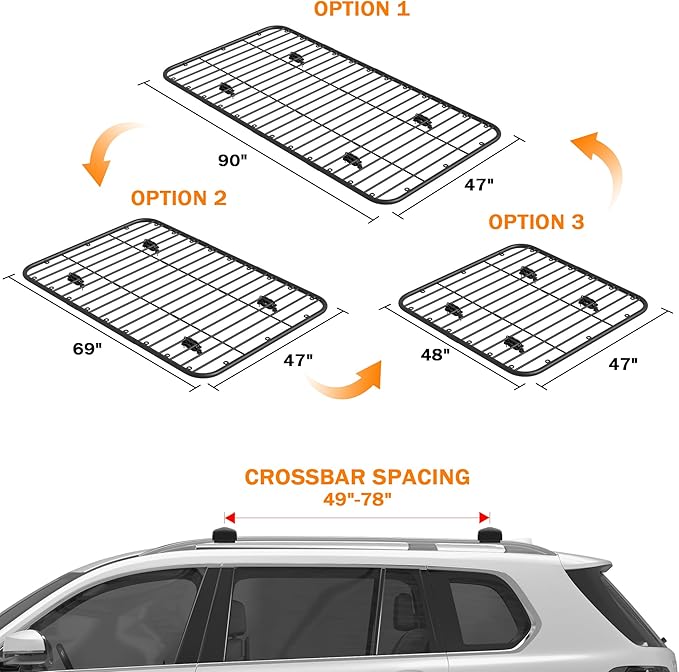 Wildroad Car Roof Platform, Universal Roof Flat Rack Combo 90" x 47" x 1.3" Heavy Duty Roof Rack Platform with Cargo Bag, Cargo Net, Ratchet Straps and Anti-Rust Sealant Fits for SUV Truck Cars