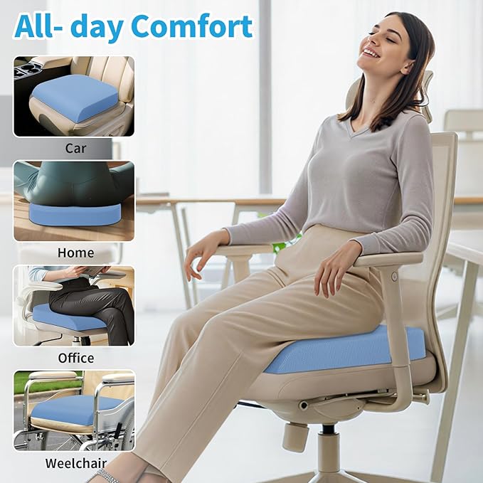 Large Seat Cushion, Memory Foam Cushion for Long Sitting Hours on Office Chair, Home & Car, Non-Slip Chair Pad for Relieving Back & Sciatica & Hip & Coccyx Pain (Light Blue)