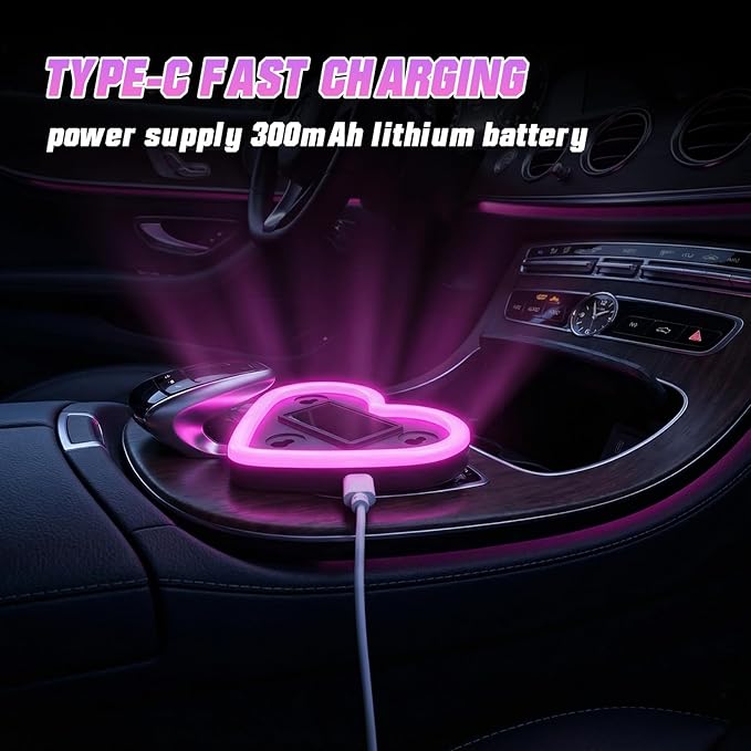 6 Lighting Modes Solar Powered Car LED Ambient Light, Rechargeable Wireless LED Heart Shape C-Pillar Neon Light, AutoGlow Solar Heart Light for Car Window Romantic Decor Surprising Gifts