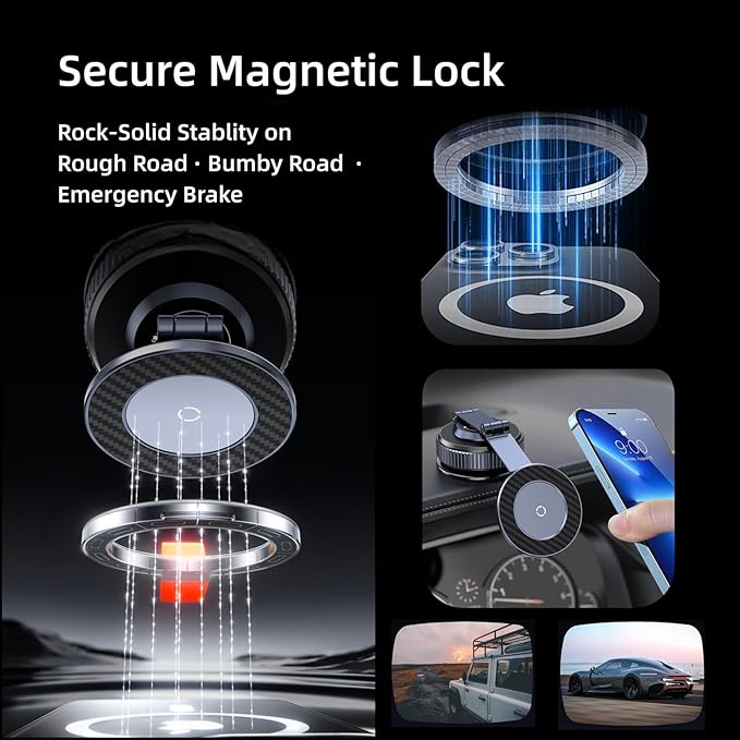 Magnetic Car Phone Holder with Suction Cup 360° Adjustable Foldable Phone Mount Zinc-Alloy Phone Holders for Your Car for Tesla iPhone 17 Pro Max 16 15 14 13 12 Plus