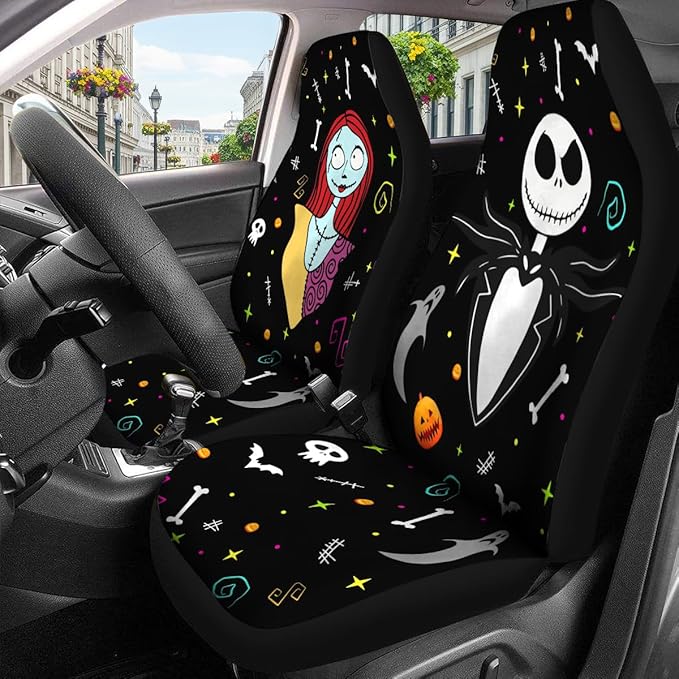 GENANY Nightmare Skellington Car Seat Covers Set of 2, Couple Breathable Front Seat Covers for Truck Sedan SUV, Movie Themed Car Accessories, Horror Gift for Women Men