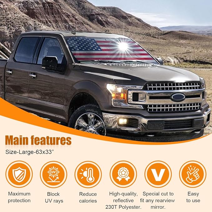 American Flag Car Windshield Sun Shade, Foldable Car Front Window Sunshade for Car SUV Truck, Auto Interior Sun Protection Cover, Blocks UV Rays & Keeps Your Vehicle Cool (USA Original Flag, Large)