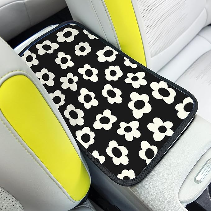 Car Center Console Cover,White Flowers Auto Center Console Pad,Armrest Cover Protector for Vehicle SUV Truck Car