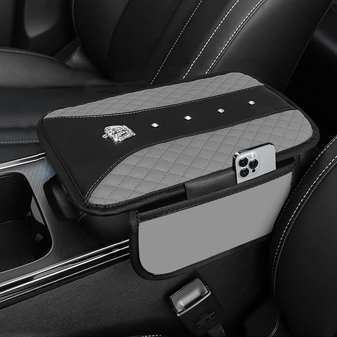 NBTEPEM Bling Crown Car Center Console Armrest Cover, Leather Middle Console Cover Cushion with 2 Storage Bags, Car Armrest Storage Box Interior Accessories for Most Vehicles(Gray)