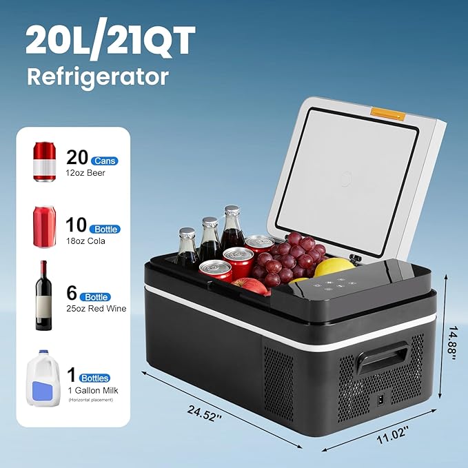 OLIXIS Portable Car Refrigerator, 21QT Single-Zone Electric Cooler for Vehicles, -4℉-68℉ Freezer Smart Control via Bluetooth with Car Battery Protection, Child Lock, 12/24V DC & 100-240V AC Powered