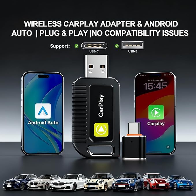 Wireless CarPlay Adapter for Apple iPhone Convert from Wired for Apple Carplay Wireless Adapter Automatic Connection,Plug & Play,No Screen Delay,Compatible with iOS 10+ Comes with USB-A/Type-C Port