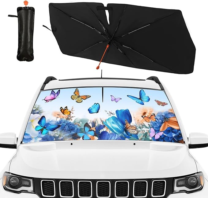 Butterfly Print Car Sunshade Umbrella Floral Windshield Sun Shade for Car Retractable Umbrella Sunshades for Front Window Butterflies Sun Shades Cover Visor Portector Block UV Rays