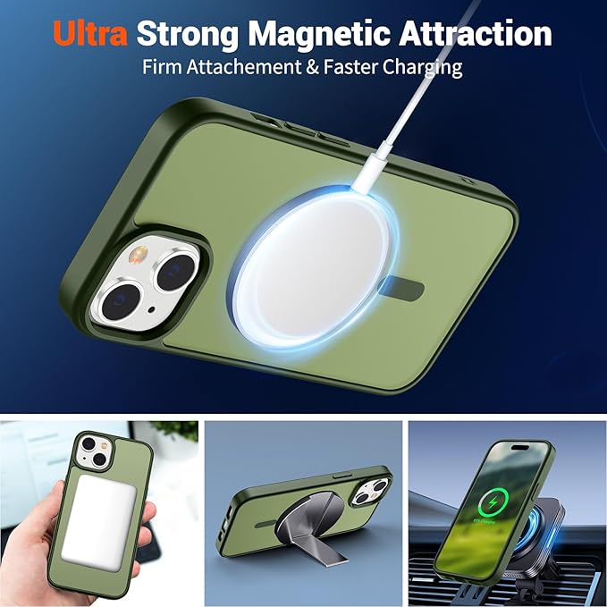 SUPFINE Magnetic for iPhone 15 Case (Compatible with MagSafe) (Military Grade Drop Protection) Slim Translucent Matte Shockproof with Anti-Fingerprint Phone Case, Cangling Green