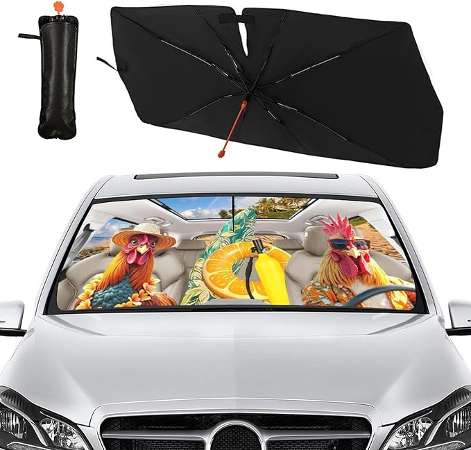Socira Funny Rooster Chicken Car Windshield Sunshade Umbrella Foldable Umbrella Sun Shade Windshield Cover Sunshade Car Accessories Blocks Uv Rays Keeps Cool (57" X 30")