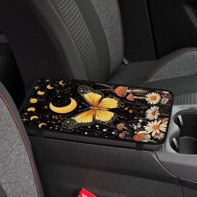 1pc Center Console Armrest Cover Pad 12.6x7.5 inch Butterfly Neoprene Car Armrest Cushion Waterproof Armrests Seat Box Cover Protector for Universal Cars Vehicles SUVs