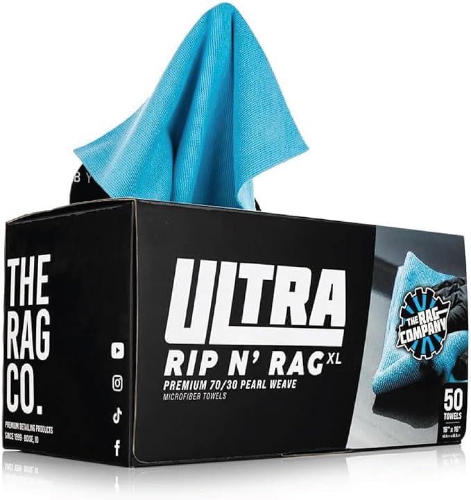 The Rag Company - Ultra Rip N' Rag XL Premium Reusable Pearl-Weave Microfiber Towels for Coatings, Glass, Detailing, Home, RV and More - 50 Count - Quality 70/30 Blend - 280gsm 16" x 16" - Ultra Blue
