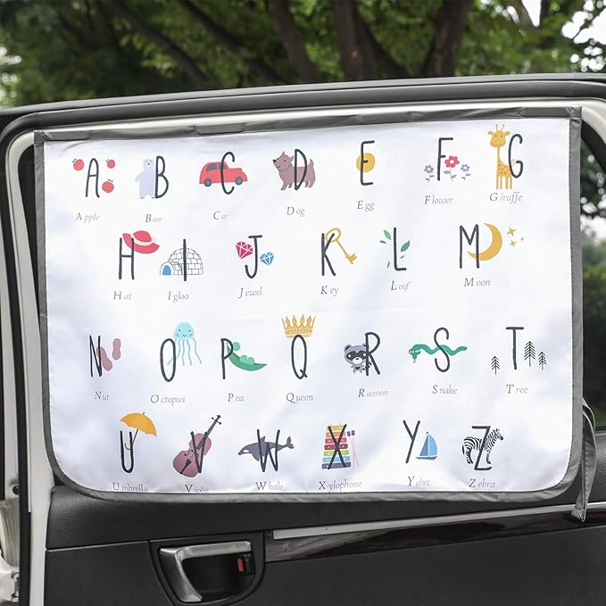 Magnetic Car Sun Shade Curtain for Side Window – Sun Blocker and UV Protector for Baby, Kids, and Pets – Universal Fit with Built-in Magnets for Steel-Framed Door (Be-Kids Alphabet)
