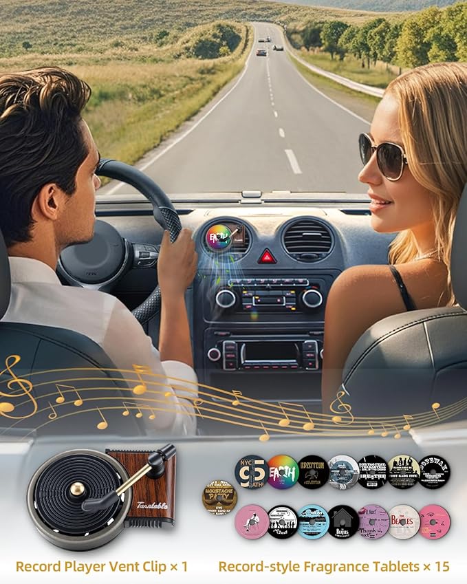 Record Player Car Air Freshener Vent Clip with 15pcs Refill Pads, Retro Black Ice Aromatherapy Diffuser for Singer Merch Gift, Air Freshener Car Decor Accessories, Music Lovers Gifts
