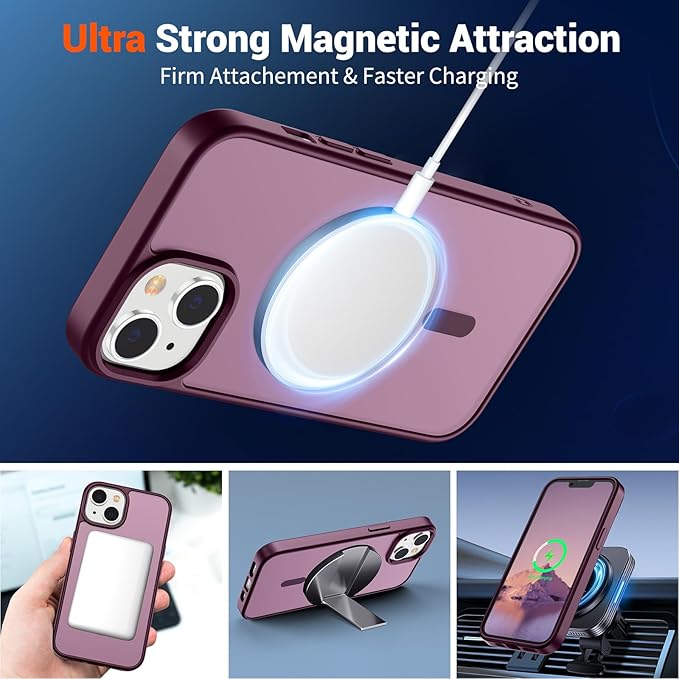SUPFINE Magnetic for iPhone 14 Case & iPhone 13 Case (Compatible with MagSafe)(Military Grade Drop Protection) Translucent Matte Shockproof Phone Cover,Wine Red