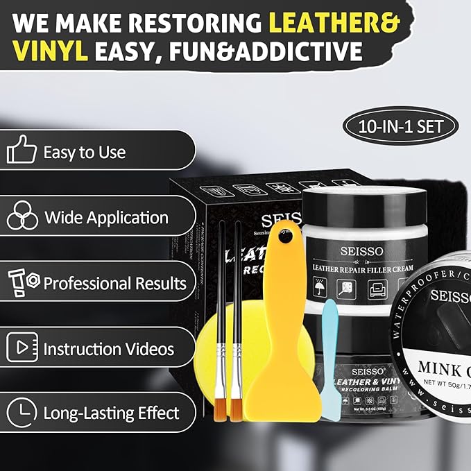SEISSO Leather Repair Kit for Furniture, Black Vinyl Repair Kit with Mink Oil, Car Interior Leather Recoloring Balm for Scratches, Fading Shoes, Car Seat, Sofa