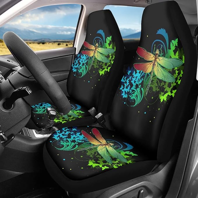 BIGCARJOB Butterflies Dragonfly Car Seat Covers Full Set,Dragonfly Pattern Bucket Seat Cover for Cars,SUV Truck,Univerfal Fit Auto Interior Accessories Car Seat Protector Set of 2 pcs