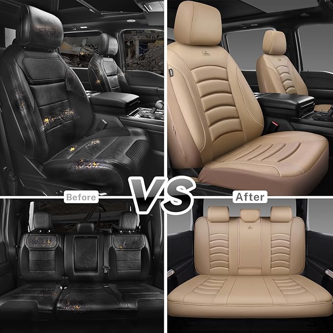 CAR PASS 3D Foam PU Leather Car Seat Covers, Universal Seat Covers Full Sets for Trucks SUV Sedan Automotive Seat Covers Armrest Airbag Compatible Waterproof Comfortable Faux Nappa Leather All Beige