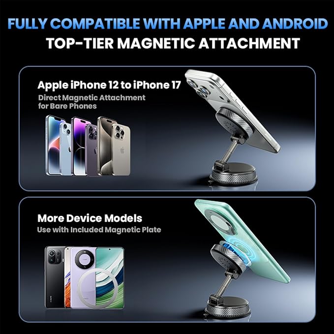 360° Adjustable Radio Magnetic Suction Phone Holder + MagSafe Car Mount for iPhone 17/16/15/14/13/12, Air Plus & More – Perfect for Cars, Kitchen, Bedroom, Gym