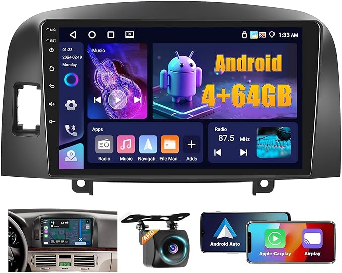 4+64GB Android 15 Car Stereo for Hyundai Santa 2004-2008 Wireless Carplay Android Auto 9" Touch Screen Car Radio Dash Kit with GPS WiFi Bluetooth SWC DSP EQ Mirror Link Backup Camera