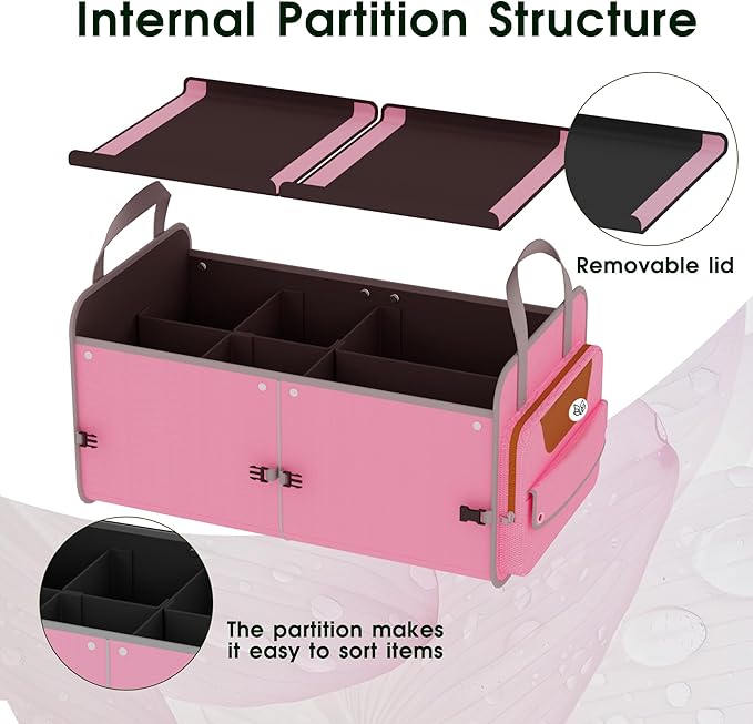 SugarFox Car Trunk Organizer for SUV, 70L Heavy Duty Waterproof Trunk Organizer, Foldable Vehicle Organizer with Anti-Slip Base, 24”x13.8”x11.8”, Pink-M003