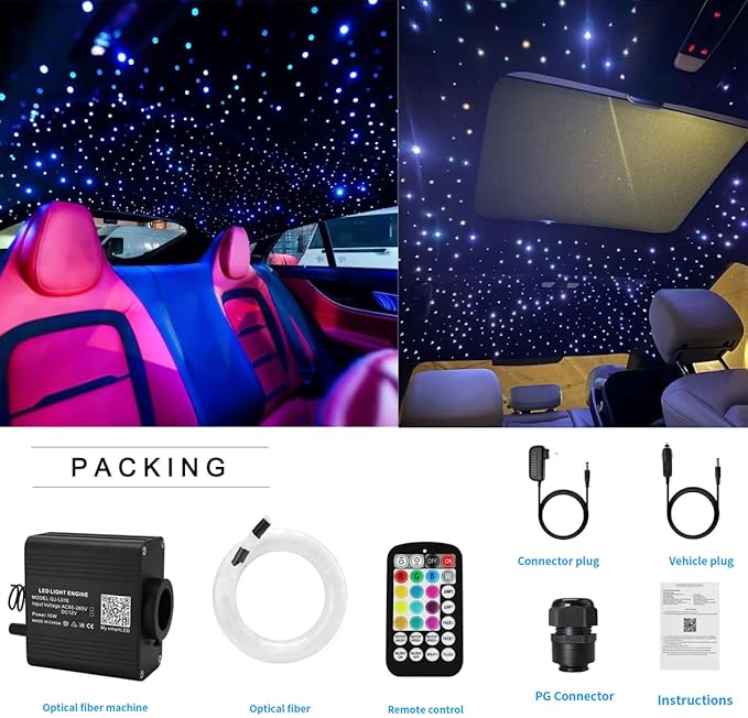 AZIMOM 16W Twinkle & Sound Activate 150pcs*0.03in*6.5ft Fiber Optic Starlight Headliner Kits for Car Home Star Ceiling Sky Decoration, APP& Remote Control Light Engine End Glow Fiber Strands