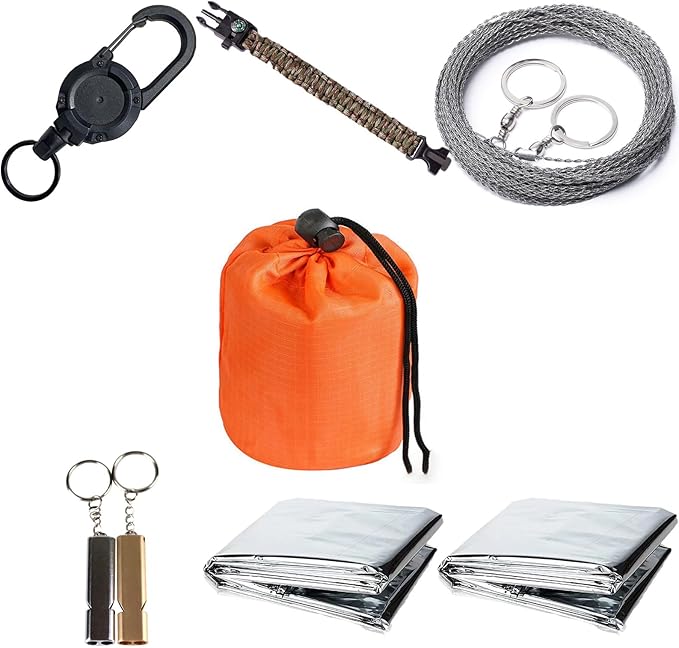 Outdoor Camping Tool kit-6-piece Set，2 Survival KitEmergency Thermal Blankets, Sleeping Bag, Paracord Bracelet, Wire Saw, Whistle for 2 Outdoor Survival Gear, Hiking, Camping, Car Emergency