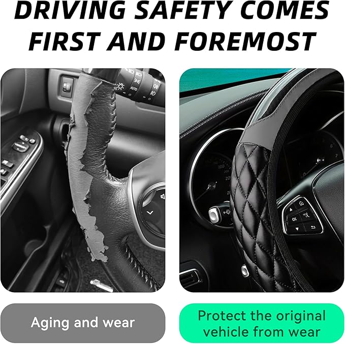 Car Steering Wheel Cover, 14.5-15inch Leather Anti-Slip Car Wheel Cover Protector, Safety Comfortable Desgin, Universal Auto Steering Wheels Accessories for Cars Truck SUV (Gray)