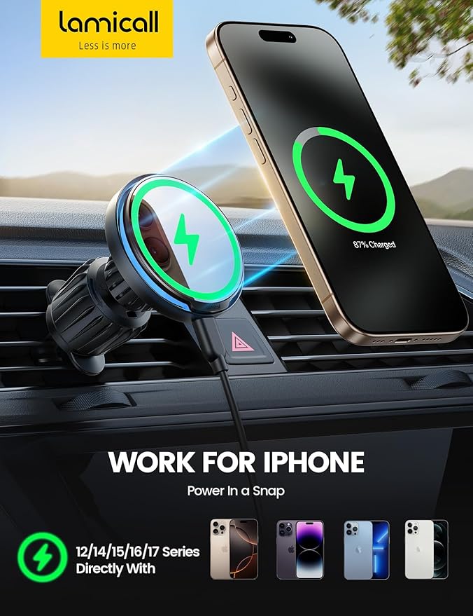 Lamicall for MagSafe Car Mount Charger - 15W Magnetic Wireless Car Charger Vent Dashboard, 360° Rotation Magnetic Phone Holder for Car Charging HandsFree for iPhone 17 16 Pro Max
