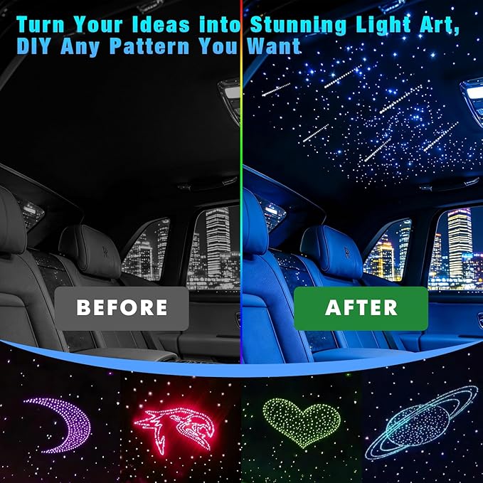 Starlight Headliner Kit 500 Piece Twinkle 0.03in(6.5ft/2m) with White Meteor Fiber Optic Light Kits Car Roof Lights RGBW Music Activated/APP Control Star Lights for Car Theater Game Bed Room Ceiling