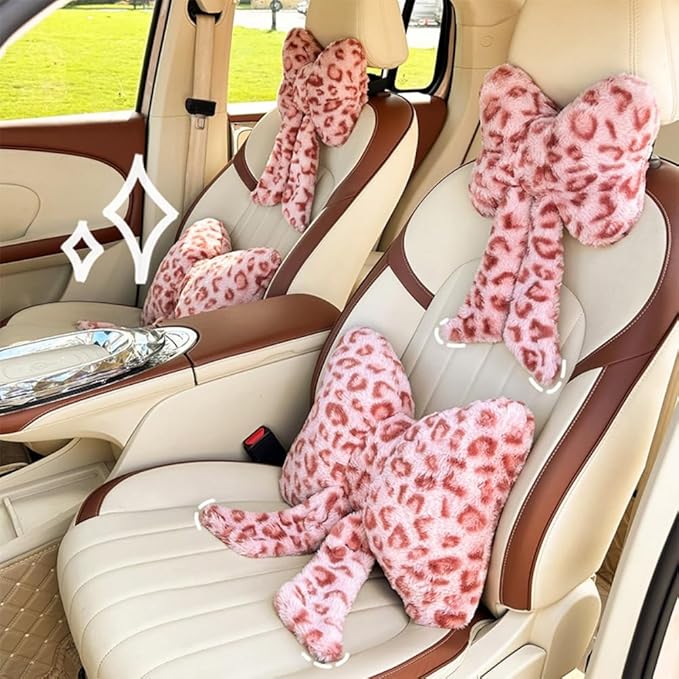 LYFJMUS 4 Pack Plush Bow Car Headrest Pillow and Lumbar Support Pillow Soft Butterfly Car Neck Pillows for Driving Cars Decor (Pink Leopard)