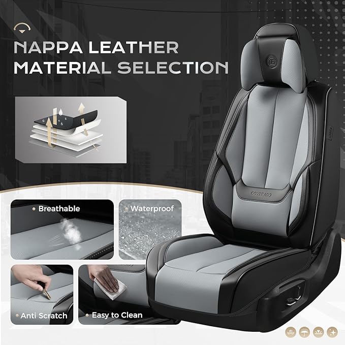 Coverado Seat Covers, Car Seat Covers Front Seats, Car Seat Cover, Car Seat Protector Waterproof, Seat Cushion Nappa Leather with Head Pillow, Carseat Cover Universal Fit for Most Cars (Black&Gray)