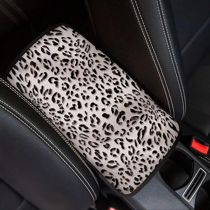 Dreaweet Gray Leopard Print Arm Rest Cover for Car Center Console Cover Fashion Cheetah Print Car Accessories Armrest Cover Center Console Cushion Pad Universal for SUV Truck Van Sedan