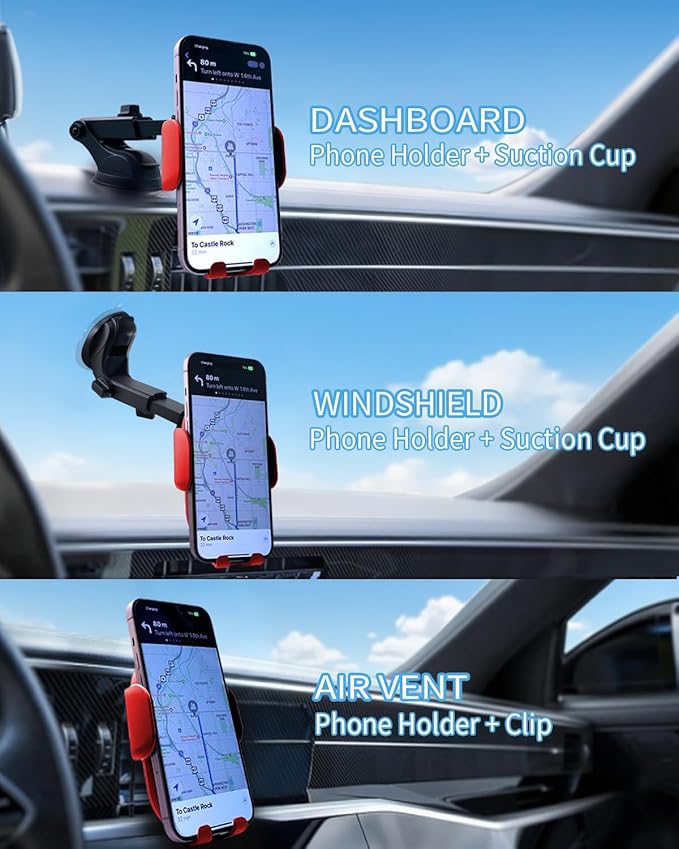 Wireless Car Charger, Auto-Clamping 3-in-1 Phone Mount - 15W/10W/7.5W Fast Charging Car Accessories Compatible with iPhone 16/15/14/13/12/11/Xs/XR, Samsung S23 Ultra/S22/S21/S20/S10+/S9(Red)