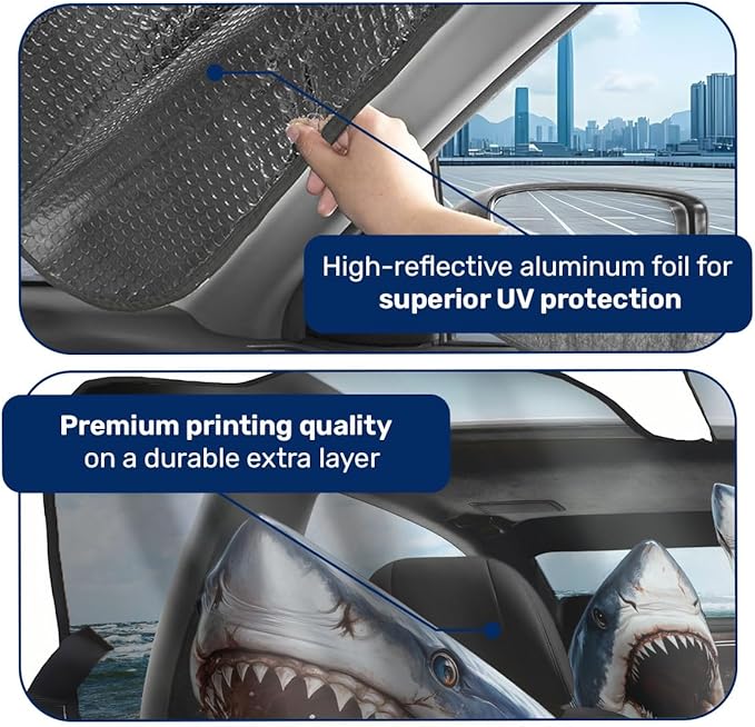 GENANY Shark Family Windshield Sun Shade for Car SUV Truck (55x30 Inches), Great White Shark Sun Shade Windshield, Shades for Front Windows, Halloween Auto Gift, Christmas Car Decor