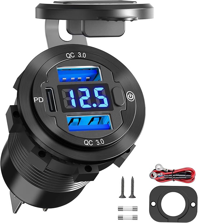 Qidoe 12 Volt USB Outlet 12V Outlet USB Car Port Aluminum 30W PPS PD 3.0 Motorcycle Car Charger Waterproof Dual QC3.0 Socket with Switch 12V/ 24V Vehicle Marine Boat RV Accessories