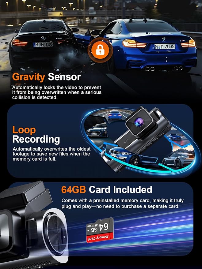 4K 3 Channel Dash Cam Front and Rear Inside, Built-in 5.8GHz WiFi GPS, 64GB Card Included, 4K+1080P+1080P Dash Camera for Cars, 3.18'' IPS Screen Dashcam with G-Sensor, 24H Parking Monitor