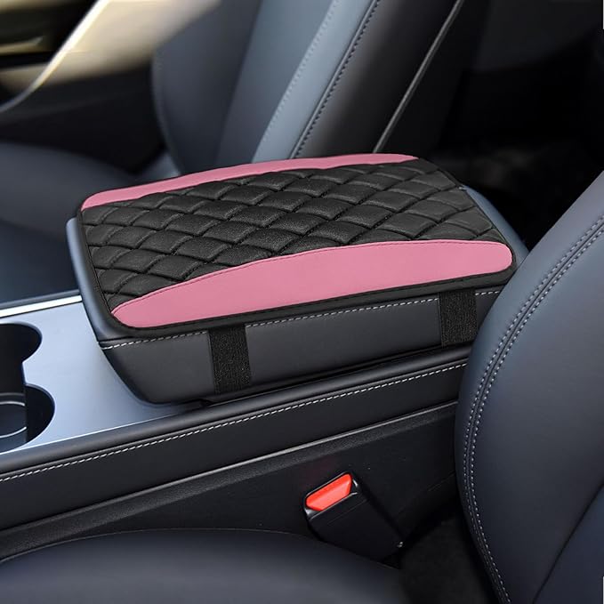 Car Center Console Cushion Pad, Car Armrest Cover, Universal Leather Waterproof Armrest Seat Box Cover, Car Interior Decor Accessories Comfortable Auto Armrest Cover Protector for Cars (Pink)