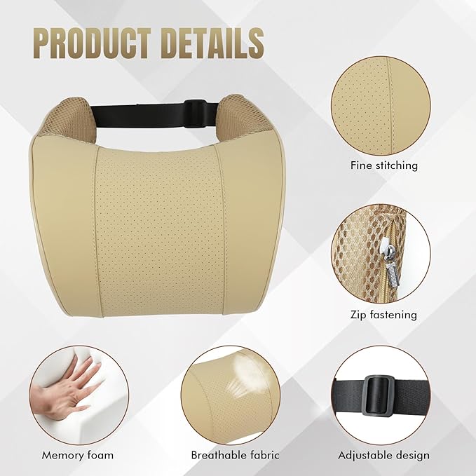 Car Neck Pillow with Memory Foam, Soft Comfortable Headrest Pillow for Driving, Ergonomic Design, Auto Seat Neck Support Pillows Head Rest Cushion with Breathable Leather Cover (Beige)