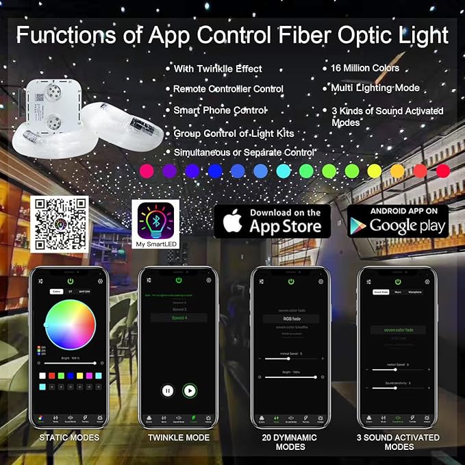 AKEPO 32W RGBW Twinkle+ Sound Activated+APP Dual Head Fiber Optic Lights Kit Star Ceiling Sky Light 16.4ft/5m Total 1330pcs of Mixed Fibers 0.75+1+1.5mm for Home Indoor Decor/Car Headliner Starlight