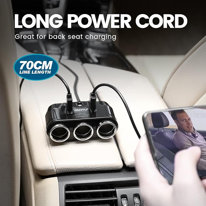 YANTU Cigarette Lighter Adapter & Splitter with 150W 3-Sockets & LED Ambient Lighting, Dual USB Fast Charging Car Outlet 12V, Car Cigarette Lighter Socket Plug Extension for Vehicles